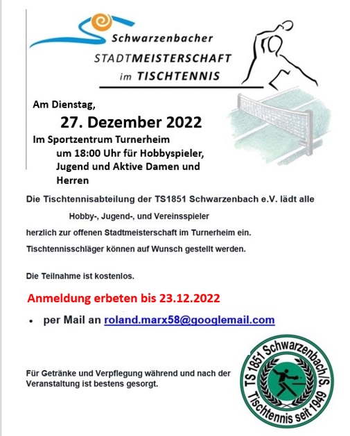 Einladung zur Tischtennis Stadtmeisterschaft